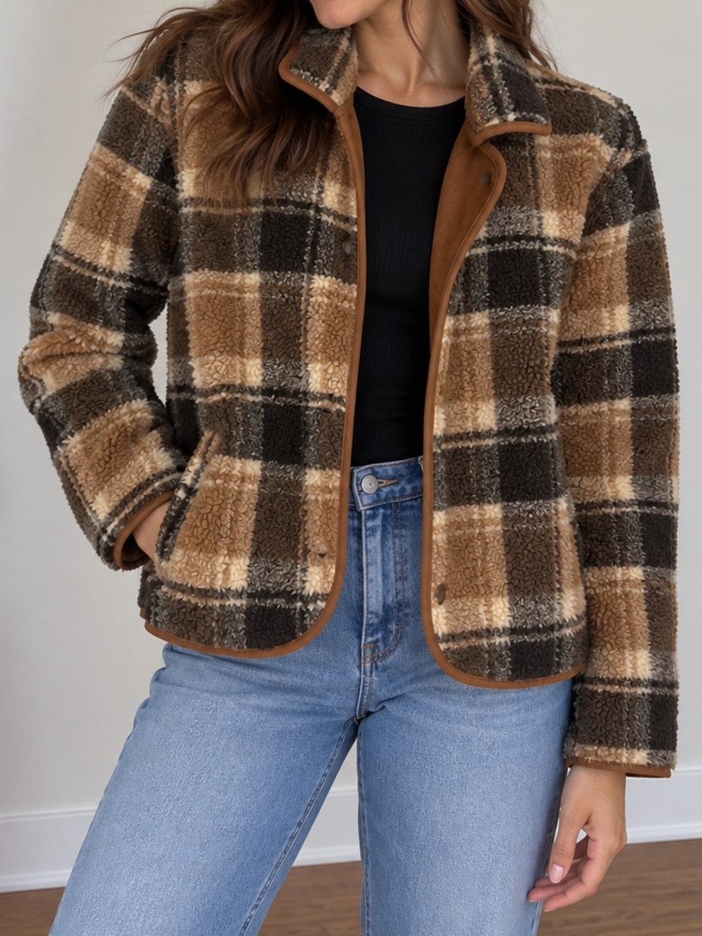 Cider Brown Plaid Sherpa Jacket